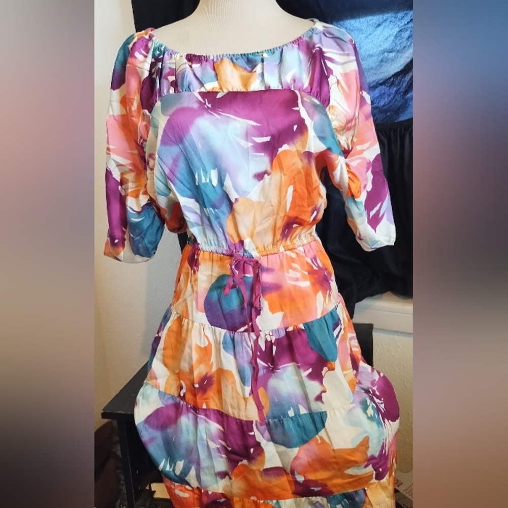 LOFT Orange and Blue Midi Dress